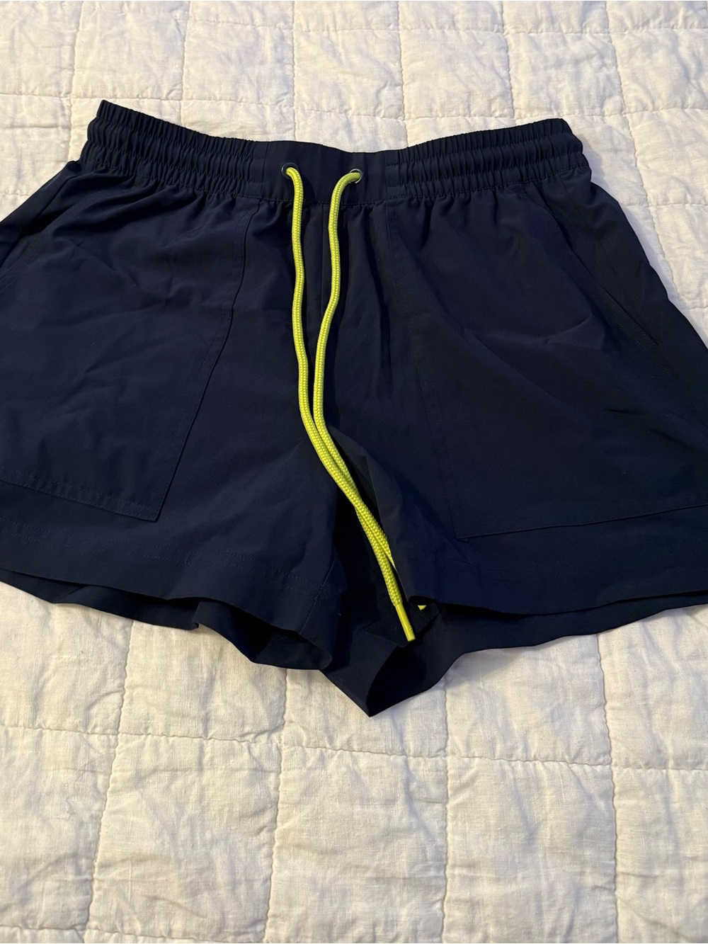 Lou & Grey Navy Athletic Shorts with Neon Yellow Drawcord